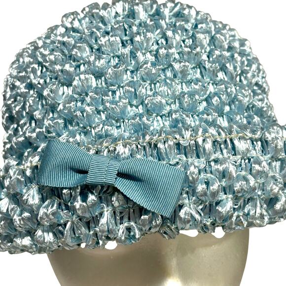 Blue straw hat with bow bowler style upturned rim union label mid century church - Picture 4 of 9